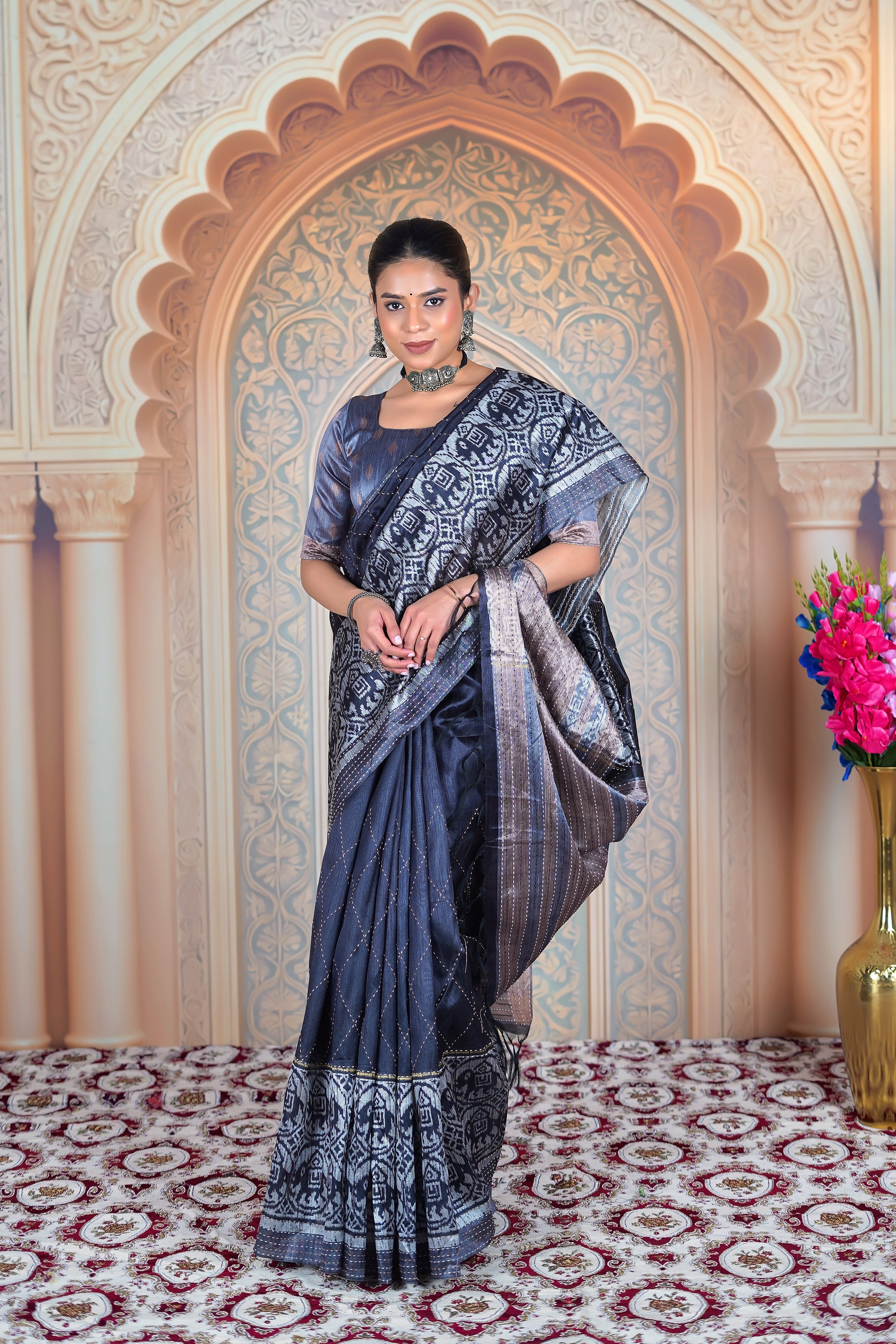 Midnight Ikat Whisper – Matka Tussar Silk Saree WITH KATHA NARRATIVES