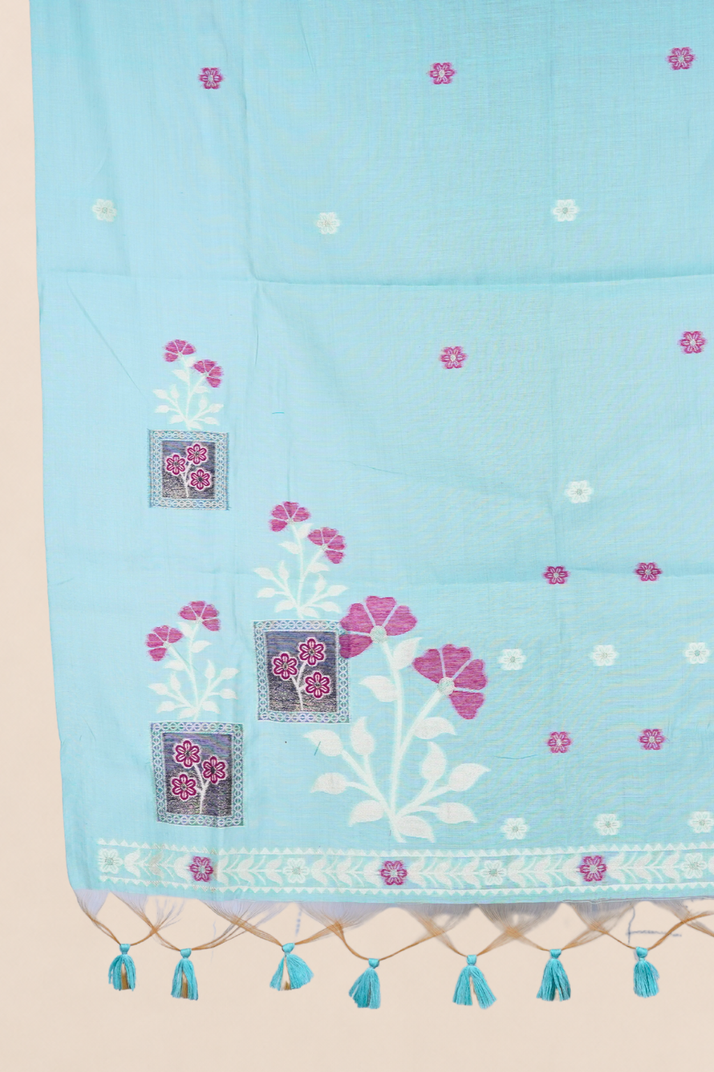 Aqua Bloom Handworked Muga Cotton Unstitched Suit Set with Floral Buti & Artistic Panel Design