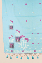 Aqua Bloom Handworked Muga Cotton Unstitched Suit Set with Floral Buti & Artistic Panel Design