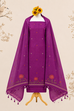 Royal Magenta Muga Cotton Unstitched Dress Material with Floral Rose Motifs