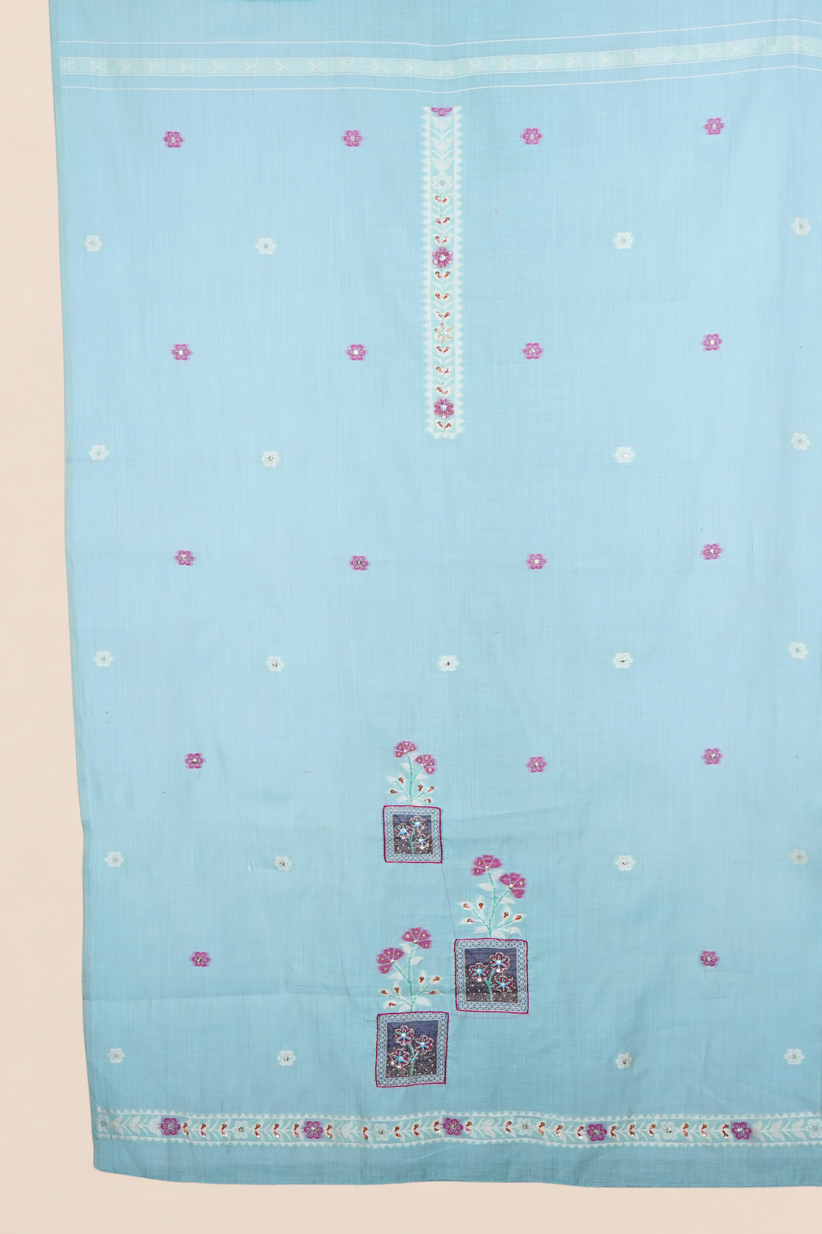Aqua Bloom Handworked Muga Cotton Unstitched Suit Set with Floral Buti & Artistic Panel Design