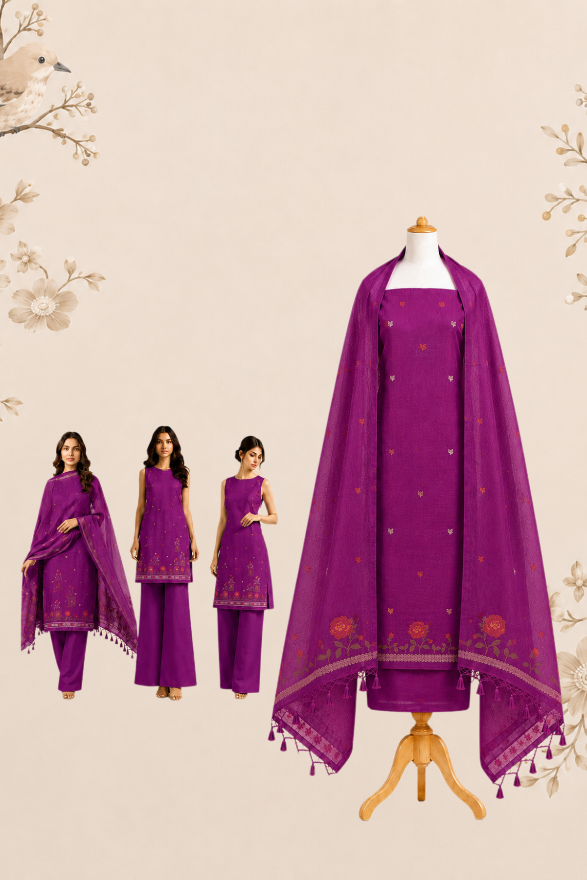 Royal Magenta Muga Cotton Unstitched Dress Material with Floral Rose Motifs