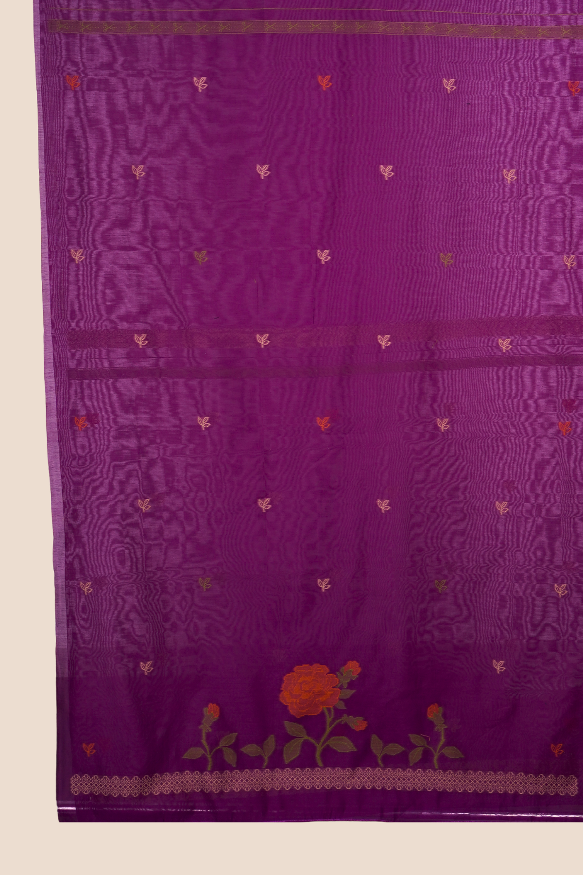 Royal Magenta Muga Cotton Unstitched Dress Material with Floral Rose Motifs