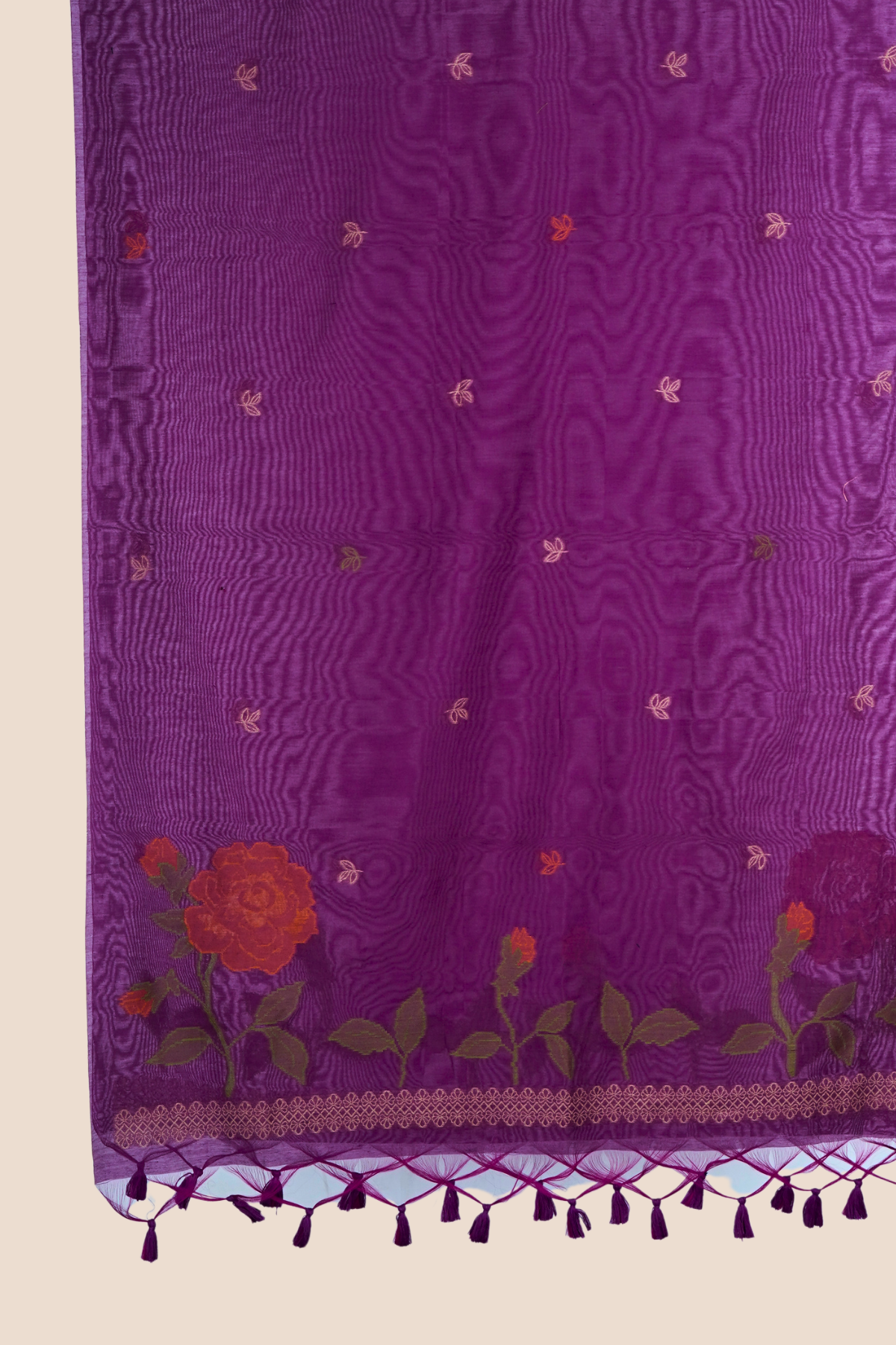 Royal Magenta Muga Cotton Unstitched Dress Material with Floral Rose Motifs
