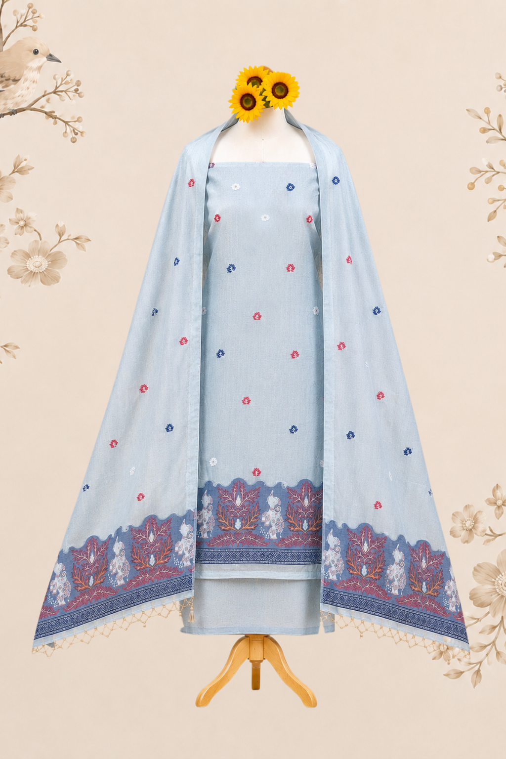 Rust & Grey Forest Story Muga Cotton Suit Set