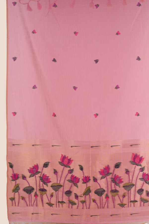 Kahani Pink Lotus Glow Muga Cotton UNSTITCH Dress Material with Zari Border