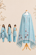 Aqua Bloom Handworked Muga Cotton Unstitched Suit Set with Floral Buti & Artistic Panel Design