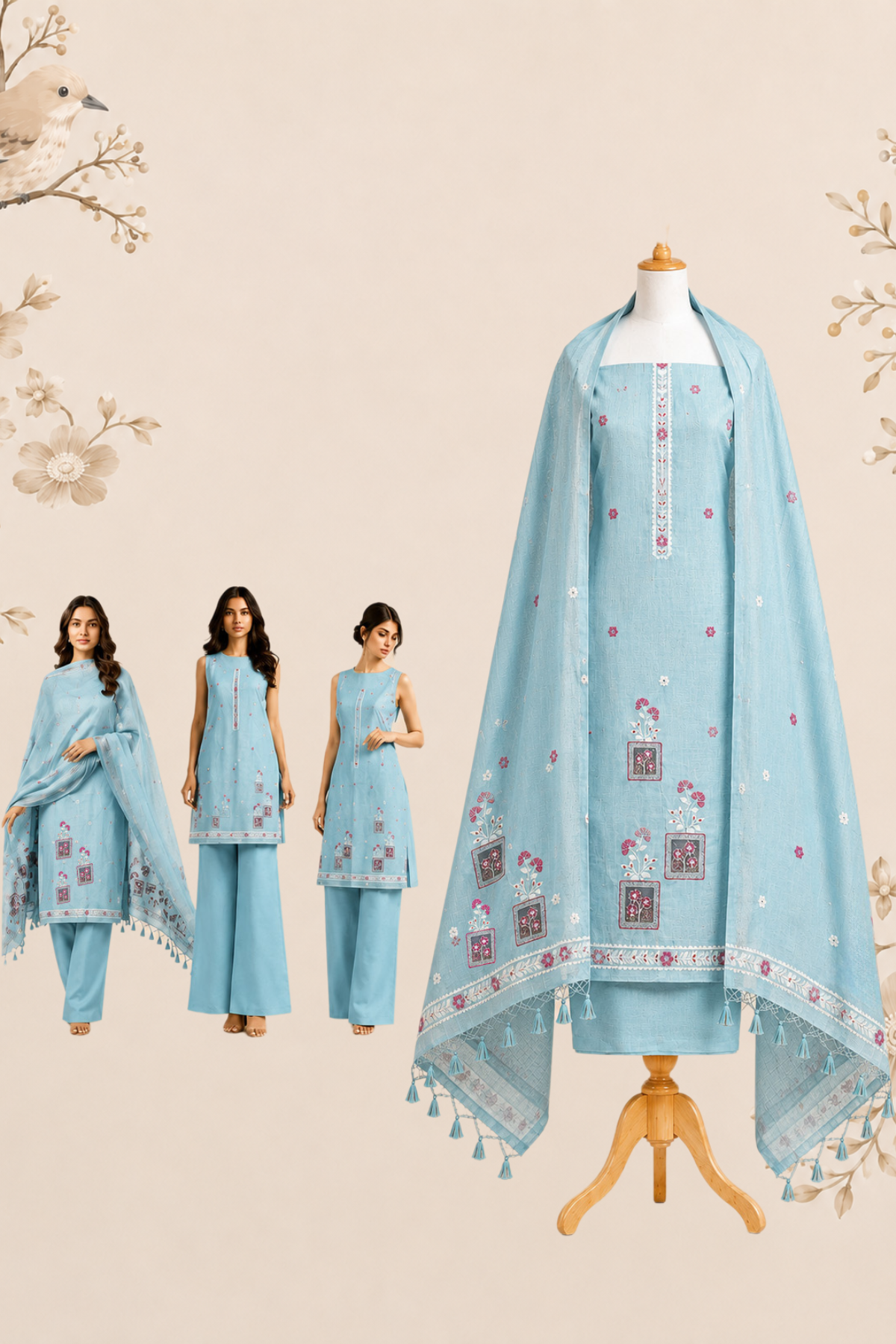 Aqua Bloom Handworked Muga Cotton Unstitched Suit Set with Floral Buti & Artistic Panel Design