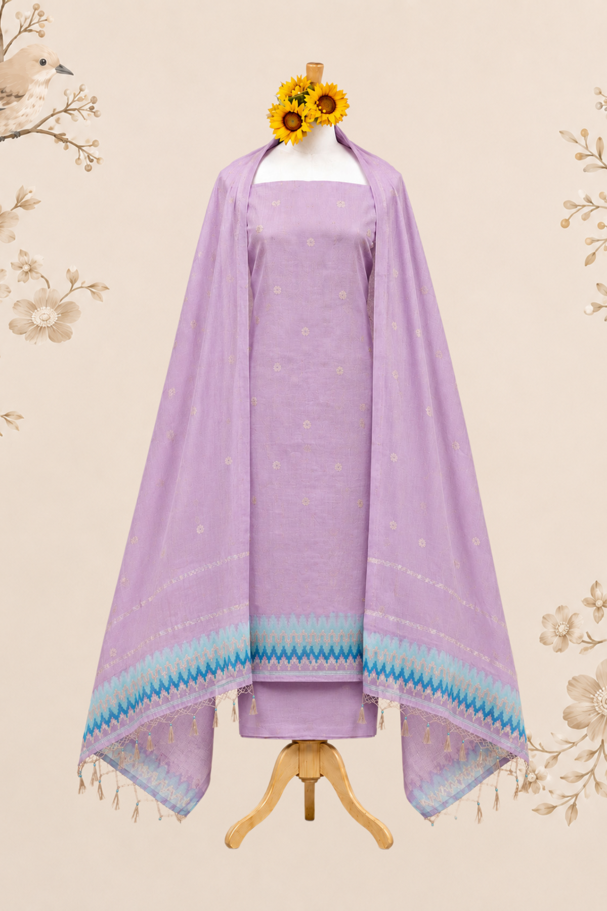 Lavender Breeze Muga Cotton unstitch Suit Set with Artistic Ikat Border