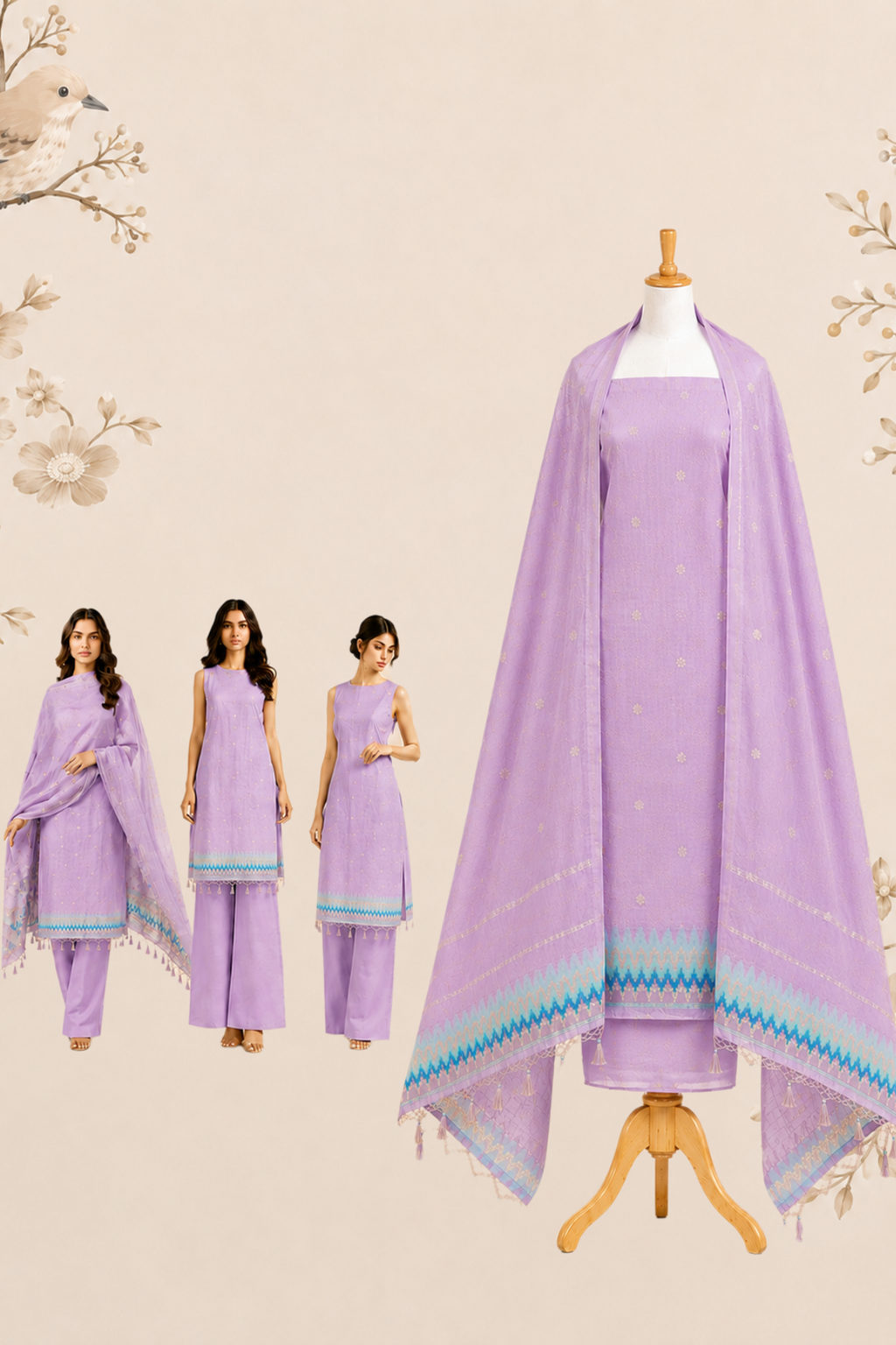 Lavender Breeze Muga Cotton unstitch Suit Set with Artistic Ikat Border