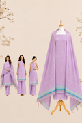 Lavender Breeze Muga Cotton unstitch Suit Set with Artistic Ikat Border
