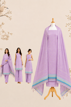 Lavender Breeze Muga Cotton unstitch Suit Set with Artistic Ikat Border