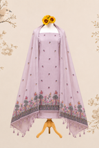 Blush pink muga cotton unstitched dress material with floral and bird-inspired scenic border