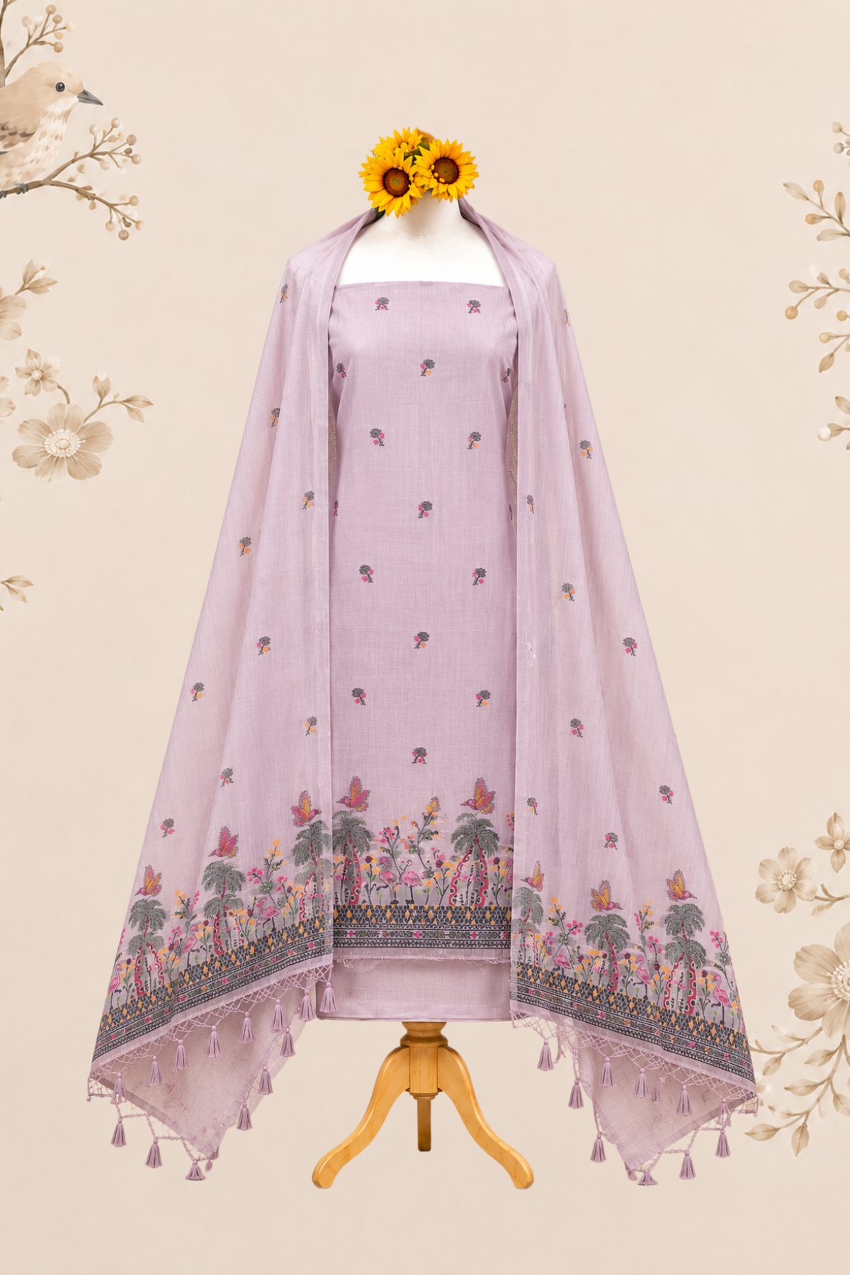 Blush pink muga cotton unstitched dress material with floral and bird-inspired scenic border