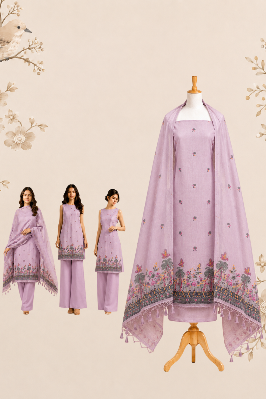 Blush pink muga cotton unstitched dress material with floral and bird-inspired scenic border