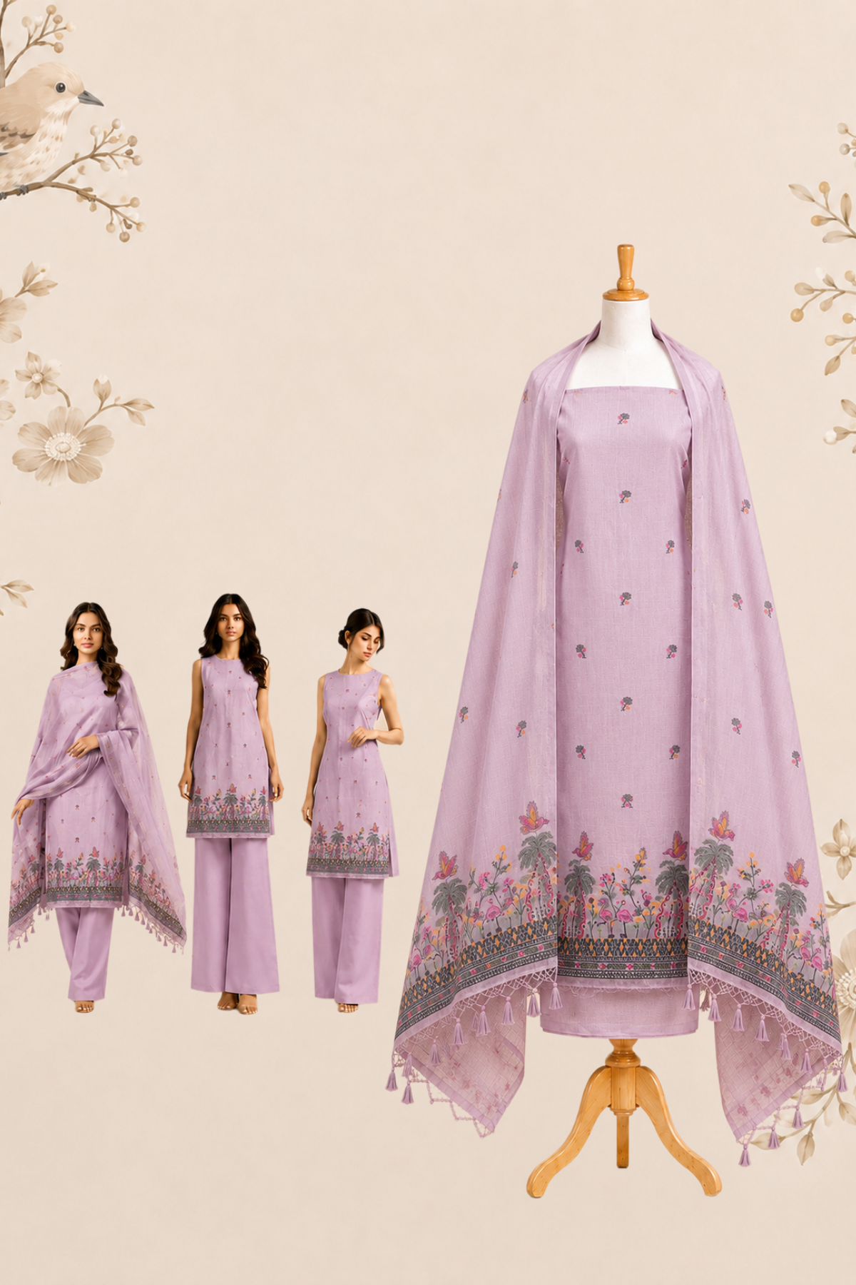 Blush pink muga cotton unstitched dress material with floral and bird-inspired scenic border