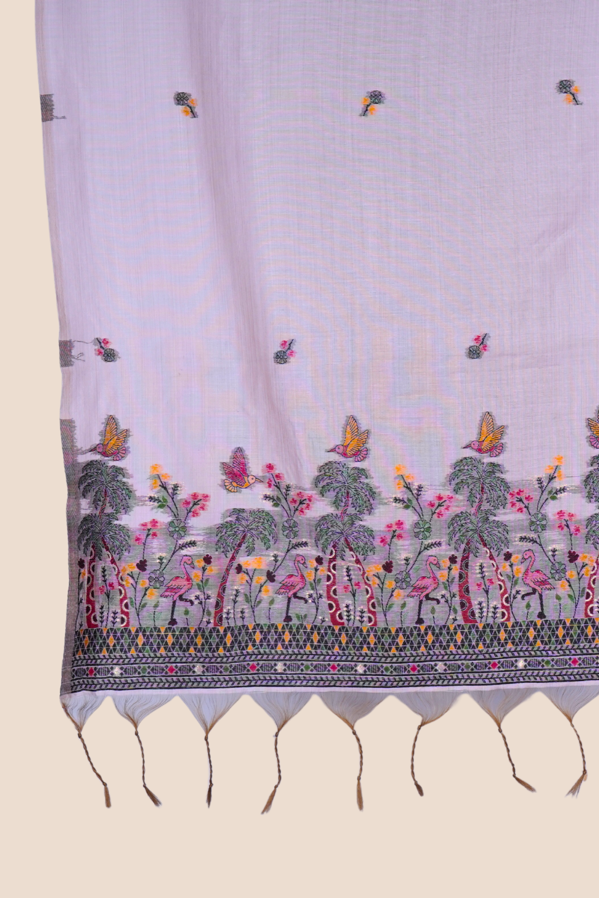 Blush pink muga cotton unstitched dress material with floral and bird-inspired scenic border