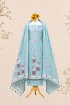 Aqua Bloom Handworked Muga Cotton Unstitched Suit Set with Floral Buti & Artistic Panel Design