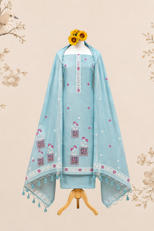 Aqua Bloom Handworked Muga Cotton Unstitched Suit Set with Floral Buti & Artistic Panel Design