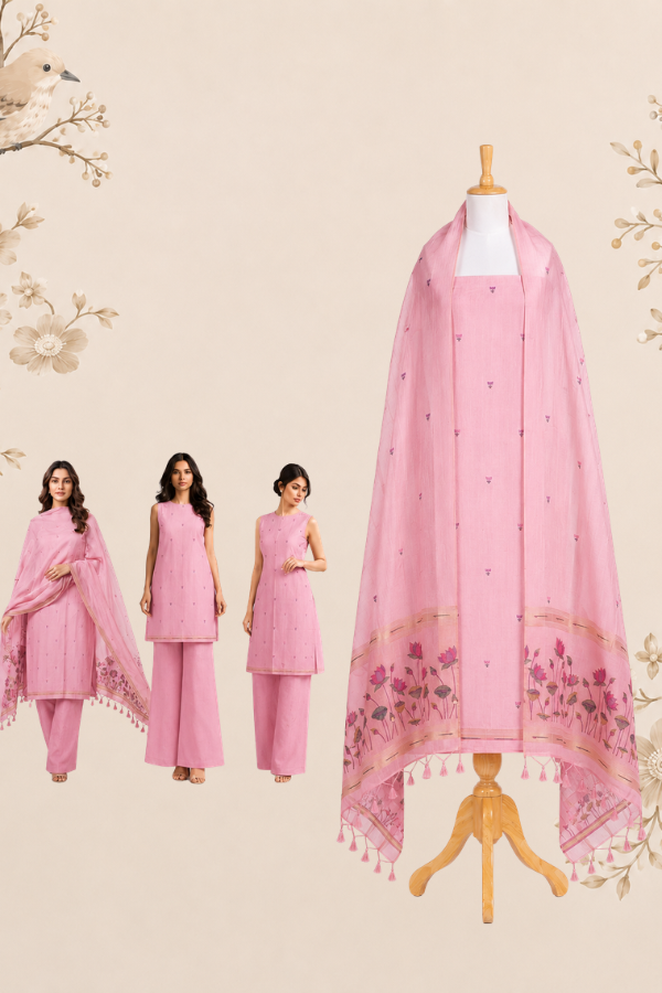 Kahani Pink Lotus Glow Muga Cotton UNSTITCH Dress Material with Zari Border