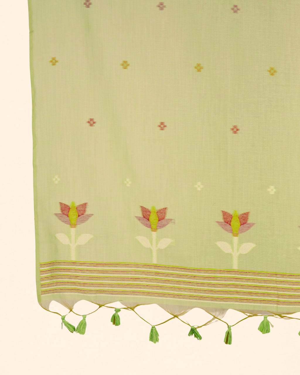 Olive Green Muga Cotton Suit Set with Bird Motif | Handwork