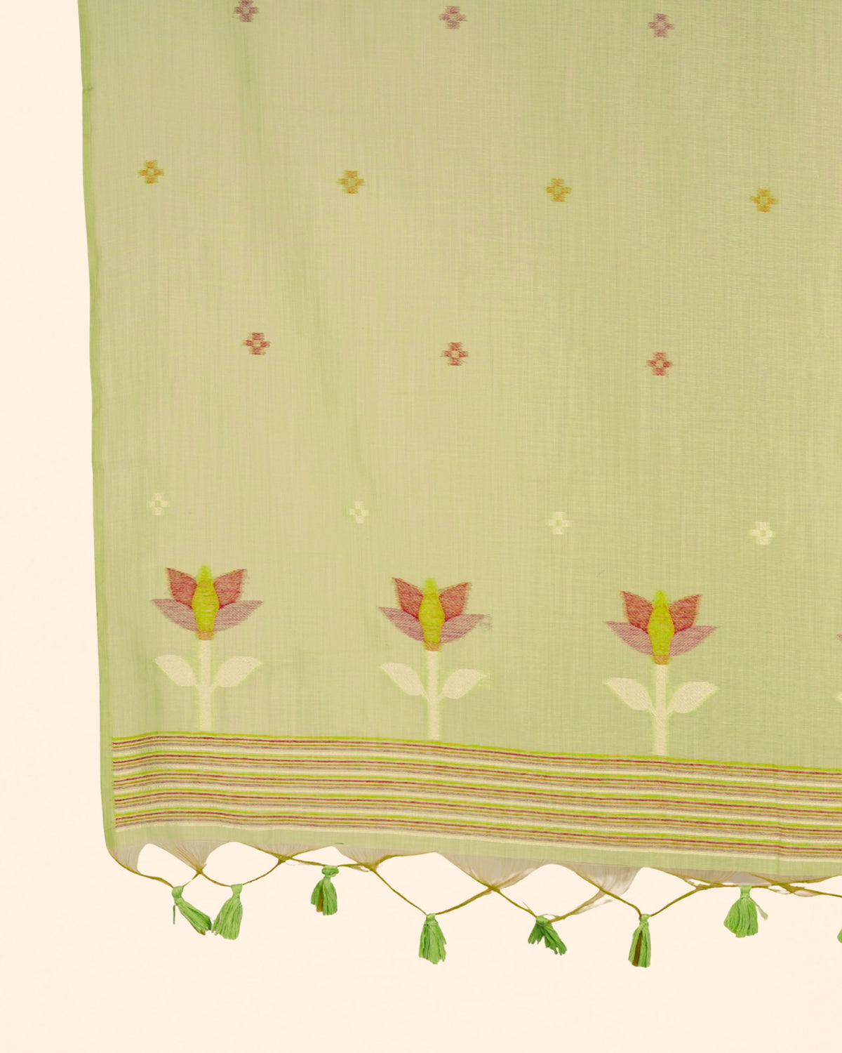 Olive Green Muga Cotton Suit Set with Bird Motif | Handwork