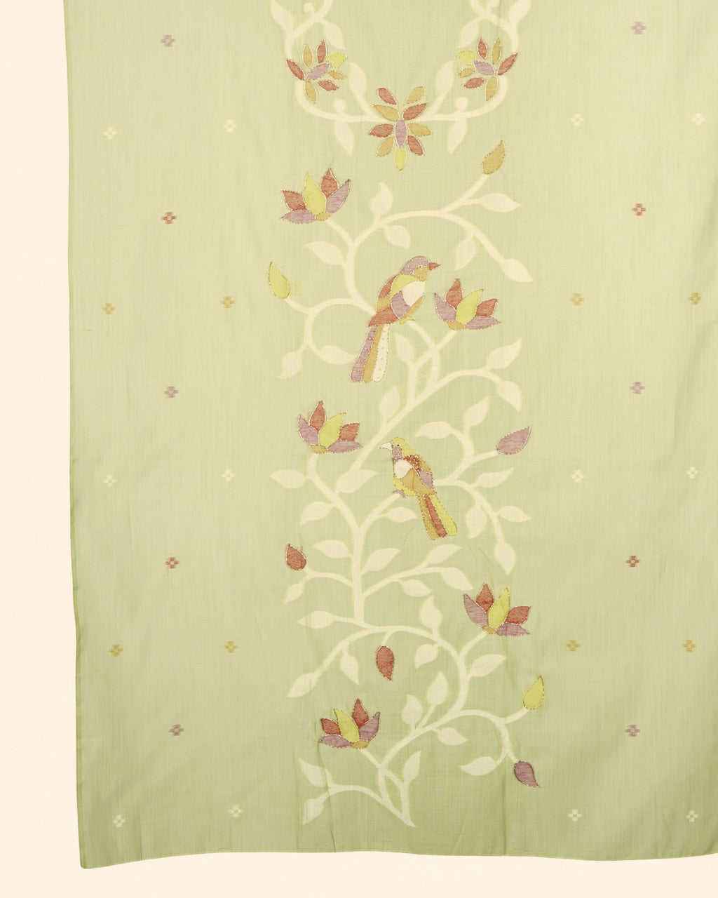 Olive Green Muga Cotton Suit Set with Bird Motif | Handwork