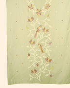 Olive Green Muga Cotton Suit Set with Bird Motif | Handwork