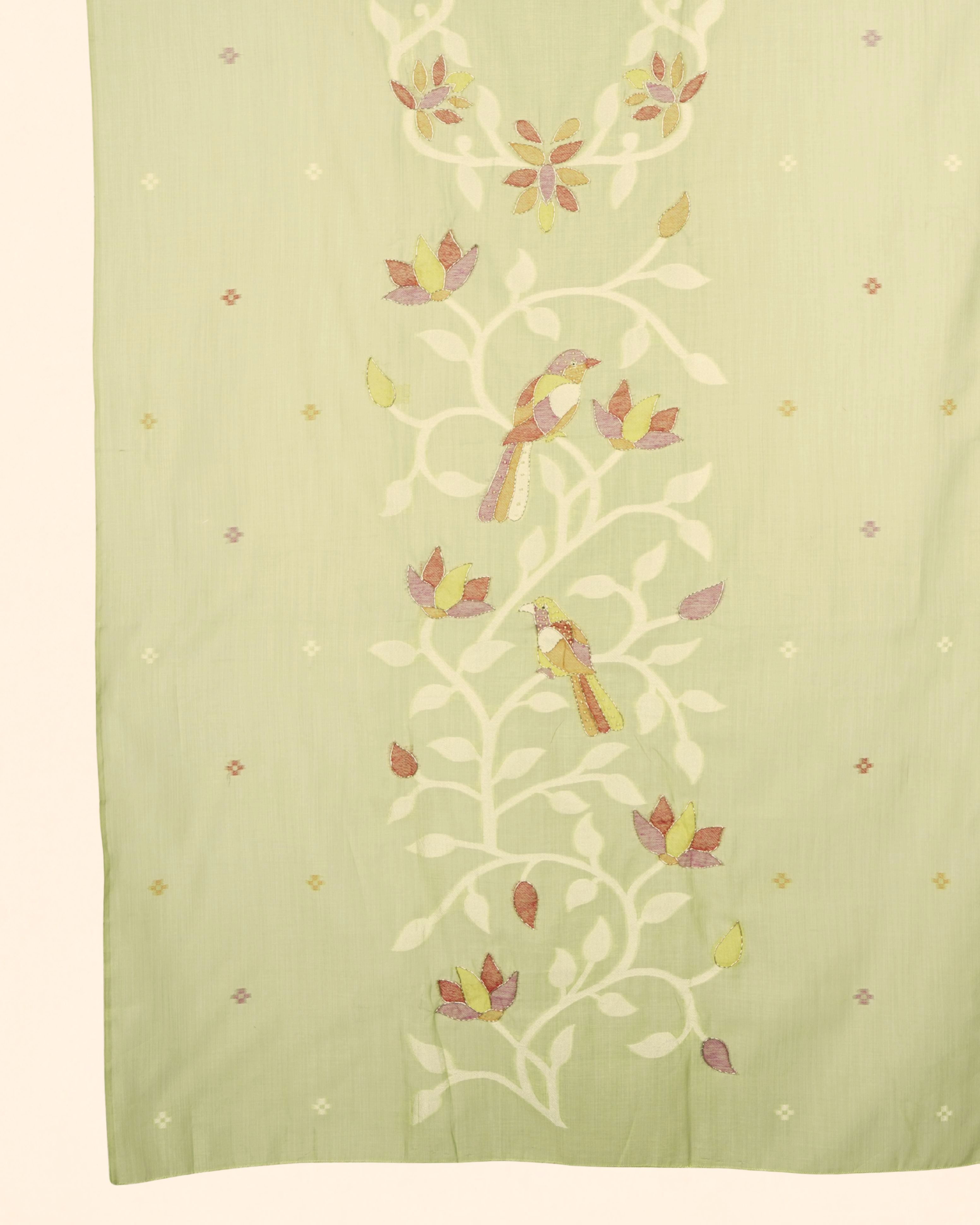 Olive Green Muga Cotton Suit Set with Bird Motif | Handwork