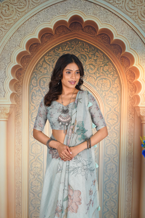 Mint Meadow Floral zari Linen Saree with Digital Print