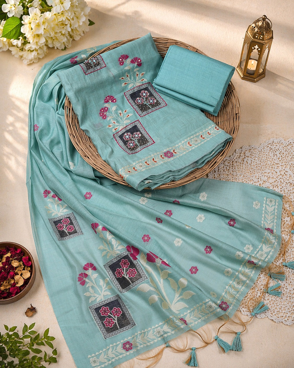 Aqua Bloom Handworked Muga Cotton Unstitched Suit Set with Floral Buti & Artistic Panel Design