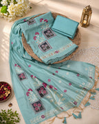 Aqua Bloom Handworked Muga Cotton Unstitched Suit Set with Floral Buti & Artistic Panel Design