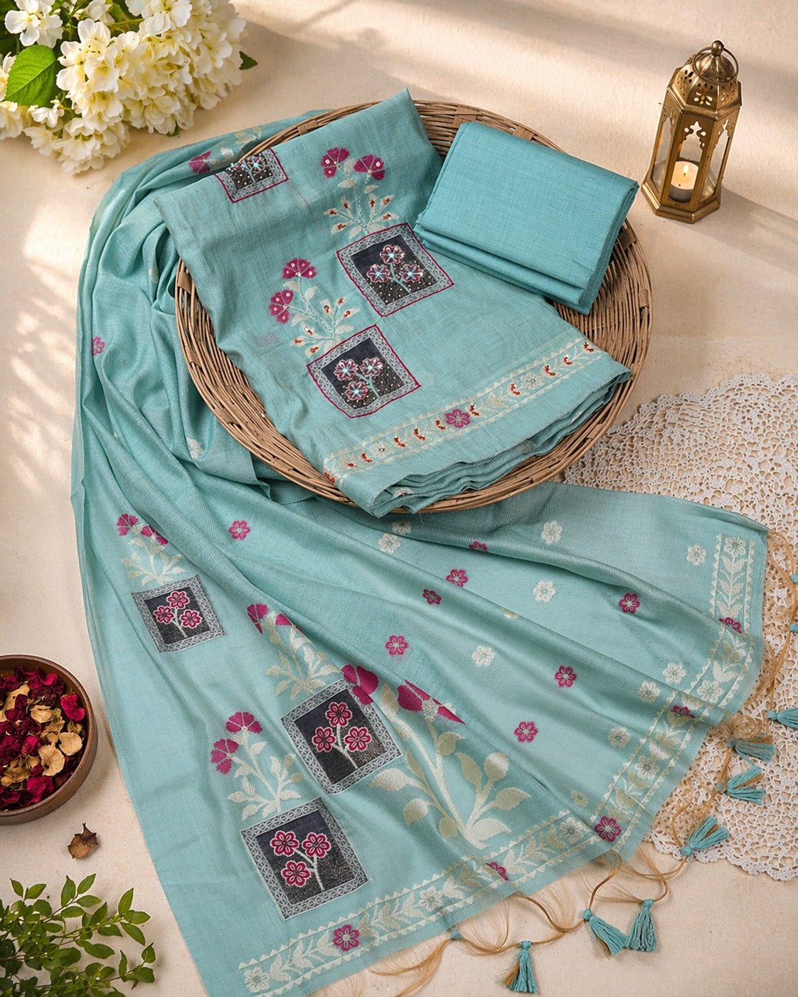 Aqua Bloom Handworked Muga Cotton Unstitched Suit Set with Floral Buti & Artistic Panel Design