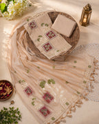 Beige Muga Cotton Suit Set with Handwork | Floral Panel Design