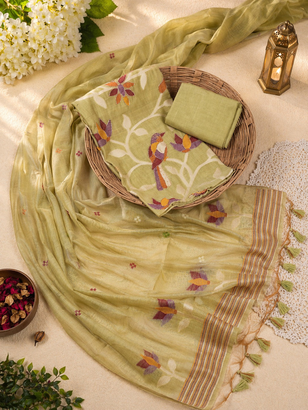 Olive Green Muga Cotton Suit Set with Bird Motif | Handwork
