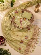Olive Green Muga Cotton Suit Set with Bird Motif | Handwork