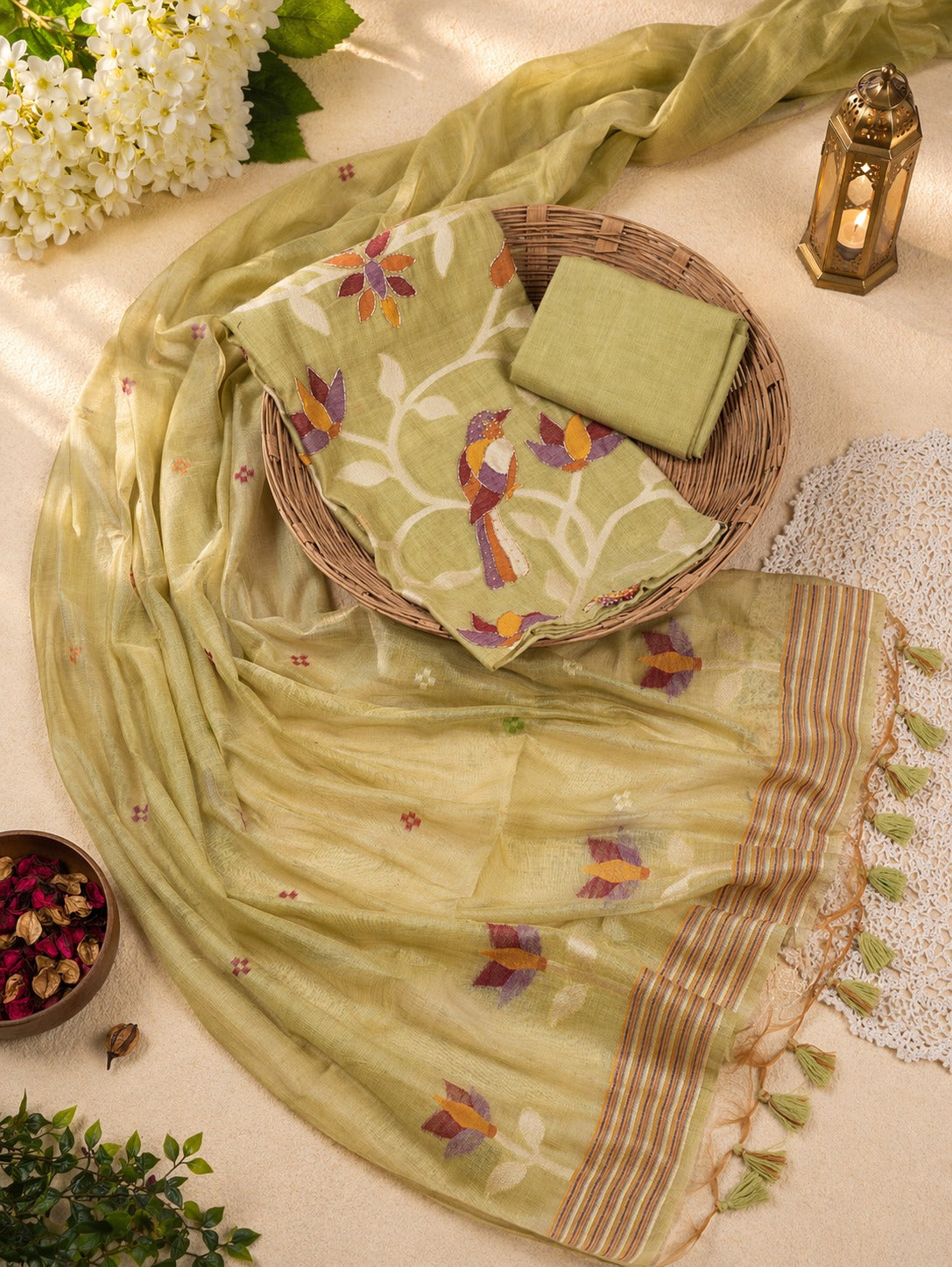 Olive Green Muga Cotton Suit Set with Bird Motif | Handwork