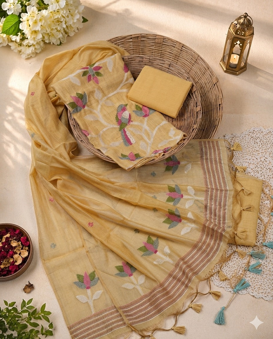 Mustard Muga Cotton Suit Set with Bird Motif | Handwork Dress Material