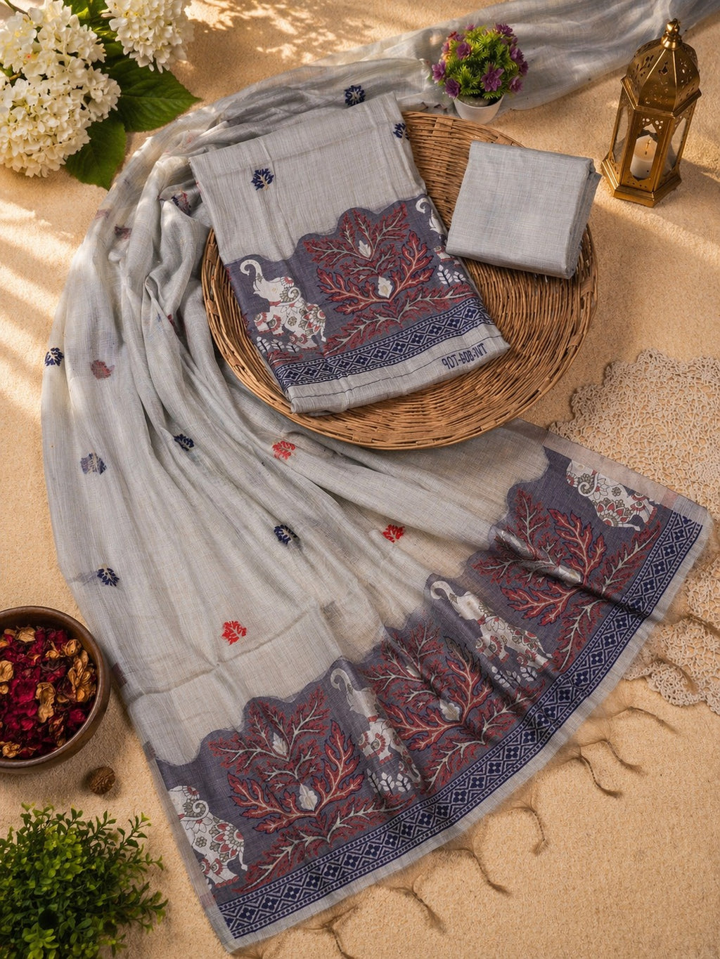 Rust & Grey Forest Story Muga Cotton Suit Set