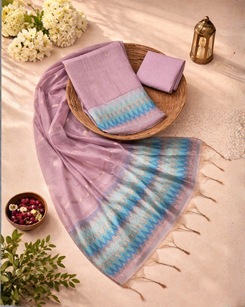 Lavender Breeze Muga Cotton unstitch Suit Set with Artistic Ikat Border