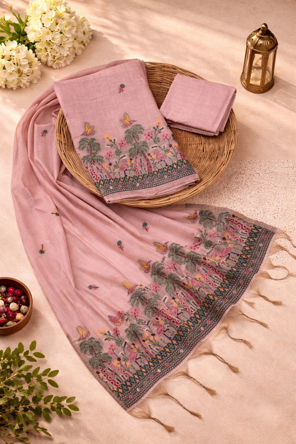 Blush pink muga cotton unstitched dress material with floral and bird-inspired scenic border