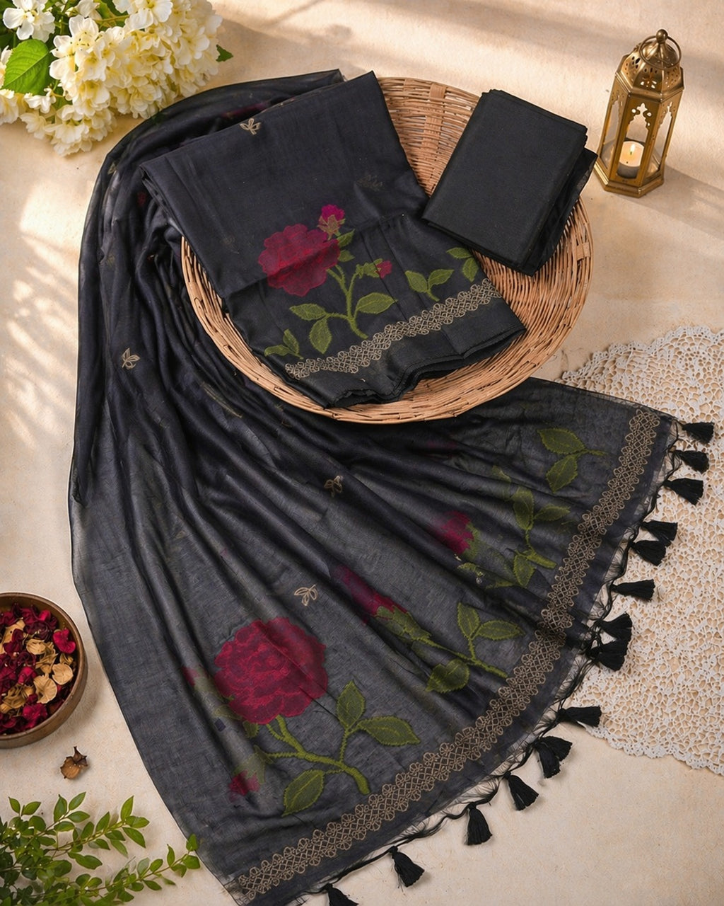 Midnight BLACK Muga Cotton Unstitch Dress Material with Rose Motifs