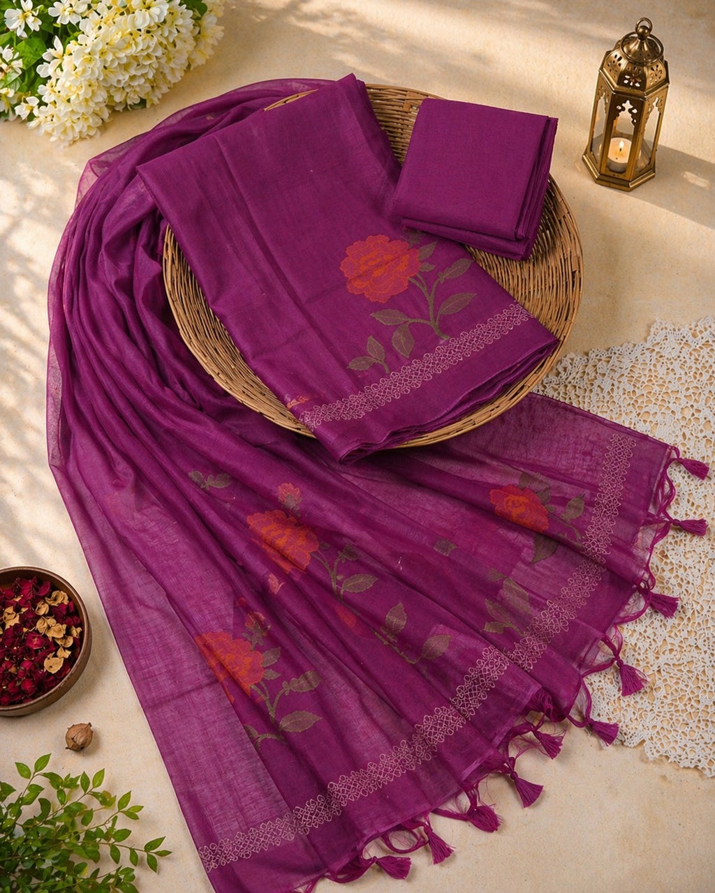 Royal Magenta Muga Cotton Unstitched Dress Material with Floral Rose Motifs