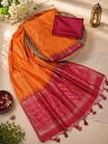 Sunset Orange Pure Raw Silk Unstitched Dress Material with Woven Butis & Ornate Red Dupatta