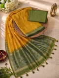 KAHANI Pure Raw Silk Mustard & Olive Green Unstitched Suit Set with Woven Zari Border and Tassel Dupatta