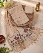 Kahani Lotus Whisper Muga Cotton Dress Material with Floral Border