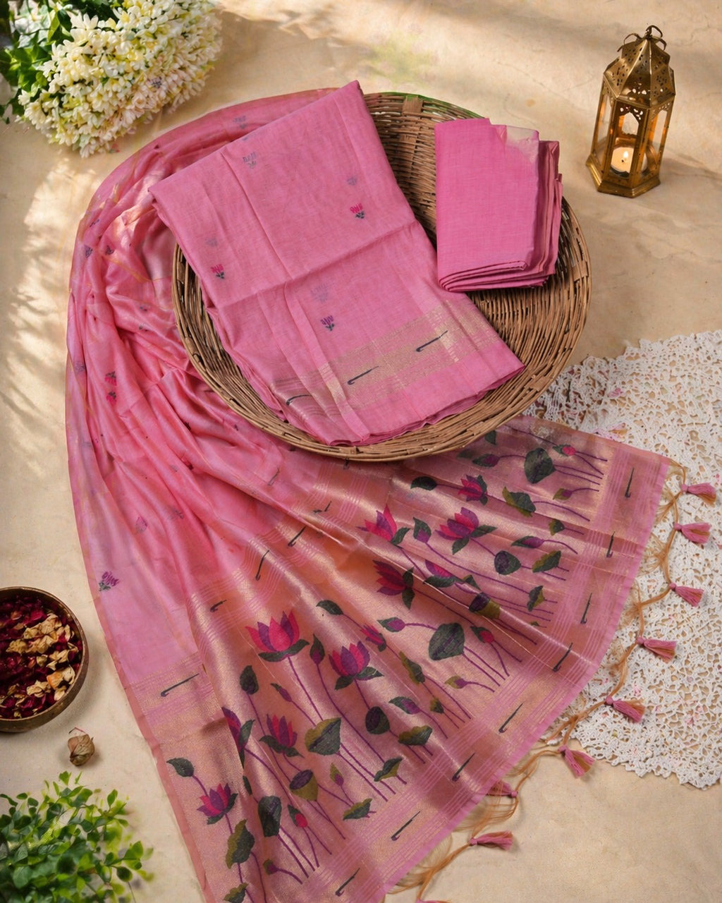 Kahani Pink Lotus Glow Muga Cotton UNSTITCH Dress Material with Zari Border