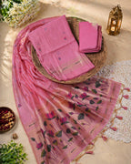 Kahani Pink Lotus Glow Muga Cotton UNSTITCH Dress Material with Zari Border
