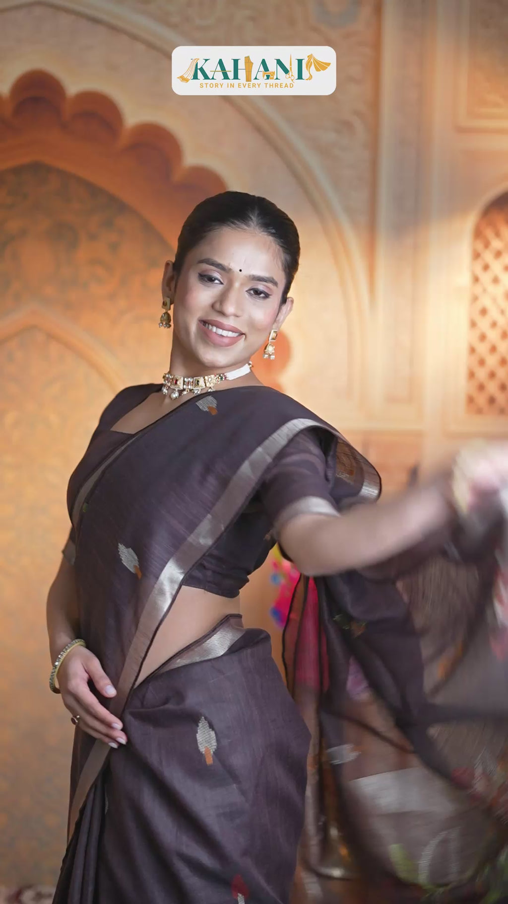 Minimalist Soft Linen Saree – Elegant Brown with Artistic Motifs