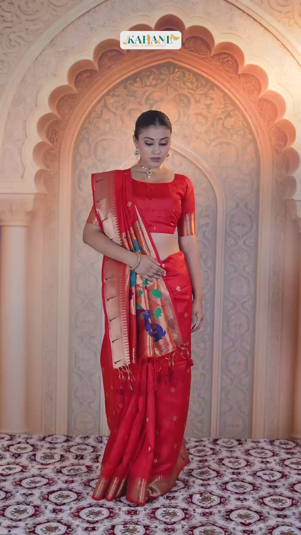 Rakta Vana Paithani-Inspired Soft Raw Silk Saree – Handwoven Gold Zari with Peacock & Floral Pallu